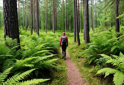 person hiking through lush green forest trail