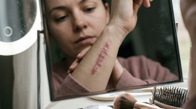 Young Woman Looking in Mirror at Large Raised Keloid Scar on Her Forearm in a Bathroom Setting, Showing Skin Condition and Self-Care Concept with Soft Natural Lighting