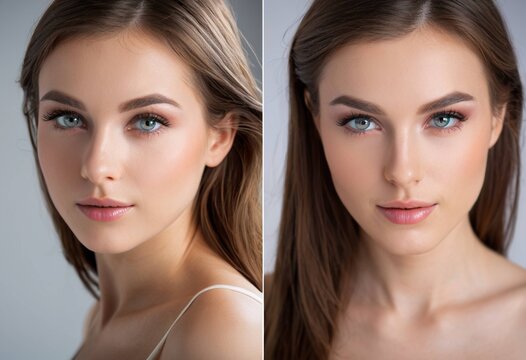 before and after makeup transformation portrait of a woman with blue eyes
