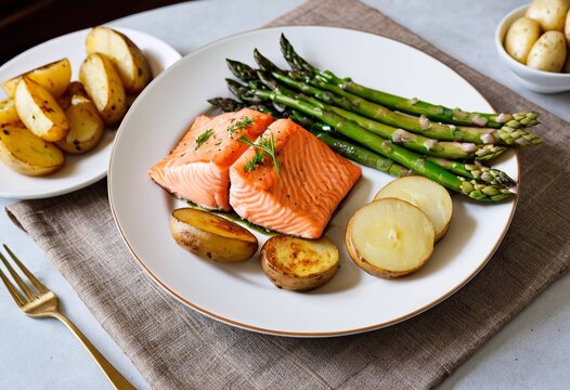Delicious grilled salmon with roasted potatoes and asparagus dish