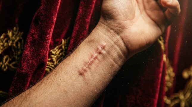 Close up of a scarred forearm and hand of a man against a luxurious red velvet curtain background, symbolizing survival, healing, and past trauma or physical injury