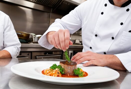 Professional chef garnishing a beautifully plated dish in a modern kitchen