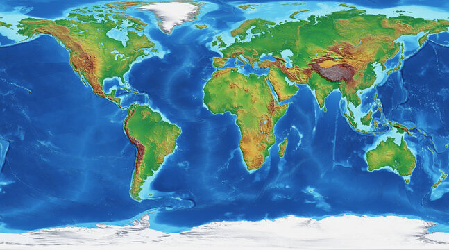 World physical relief map, Atlantic centered, with shaded relief and ocean floor