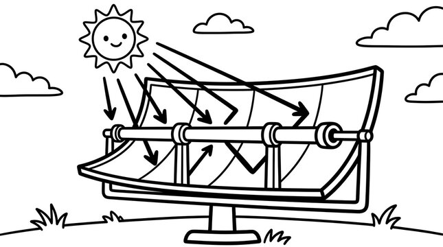 Parabolic trough solar thermal collector line art illustration