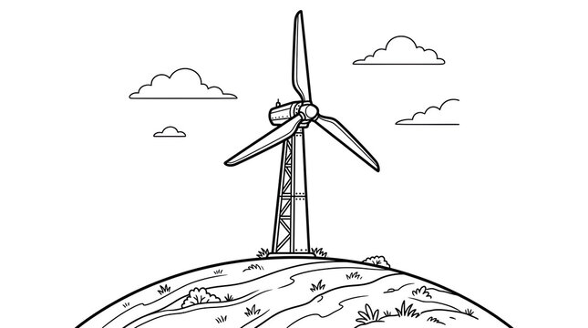Wind turbine line art drawing on a hill with clouds for renewable energy concept