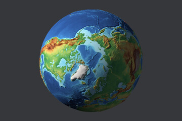 3D globe of the Arctic, North Pole view - Solid Earth series, relief with elevation colors and ocean floor © hu