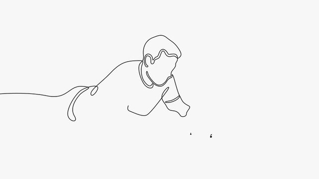 Continuous line art animation of a father and child playing with letter blocks together.   