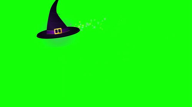 Magical witch hat flying with sparkling magic dust on green screen chroma key