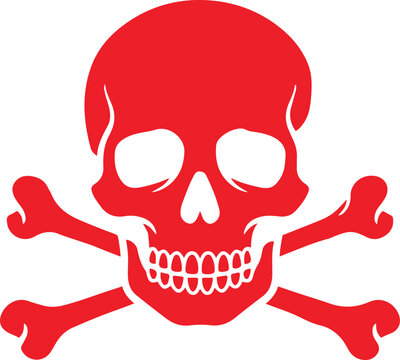 Red skull and crossbones hazard symbol isolated on white background with skeleton security infectious biohazard