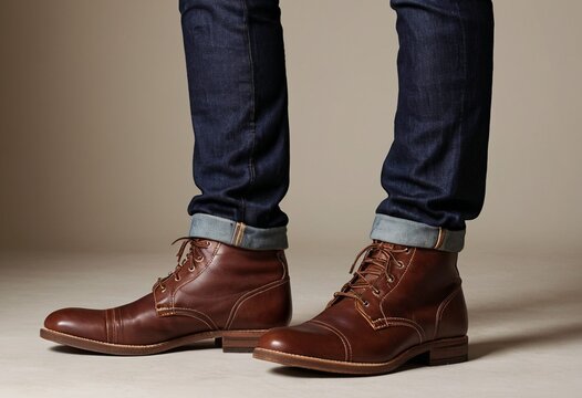 stylish brown leather boots with cuffed jeans for casual smart look