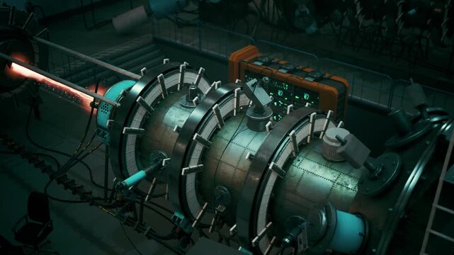 A high energy beam fires within a metallic, circular lab chamber during a daytime industrial experiment, surrounded by complex technical equipment radiating power.