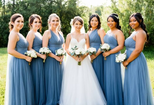 elegant wedding bridal party posing outdoors with floral bouquets
