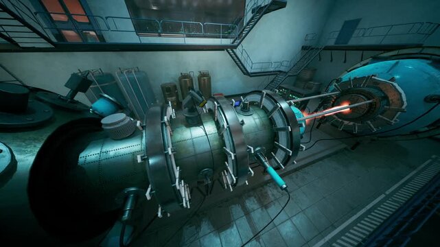 In a lab setting, a large machine is seen alongside other equipment. The machine has pipes and components connected to it, with a laser beam evident in the scene.