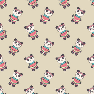 Cute Panda Eating Watermelon Seamless Pattern for Kids Textile