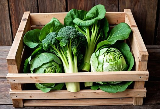 Fresh organic broccoli and cabbage in wooden crate