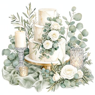 Three Tier White Wedding Cake With Eucalyptus And White Roses