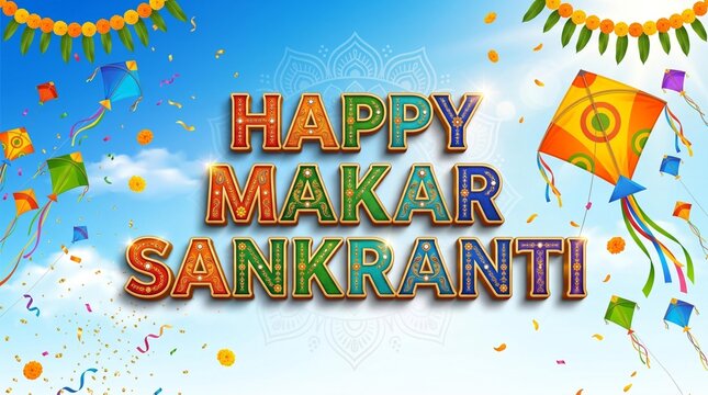 Happy Makar Sankranti Festive Banner Background with Colorful Kites in Blue Sky