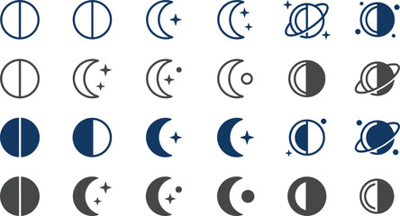 Moon Phases and Celestial Planet Icon Set with Crescent Moons Stars Saturn Orbits and Astrology Layout Elements for Space Astronomy or UI Design © Mim