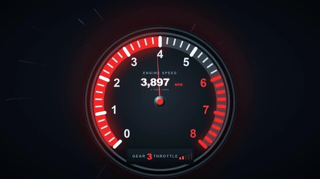 Automotive Dashboard RPM Tachometer Animation, Car Tachometer Revving from Low to High RPM Animation, Speeding