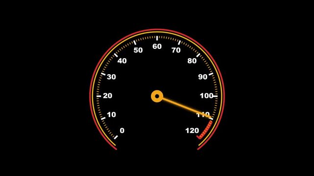 Analog Speedometer Animation from Zero to Maximum Speed on Black Background, Accelerating Vehicle Gauge, Rising Needle and Speed Indicator, Automotive Dashboard Visualization