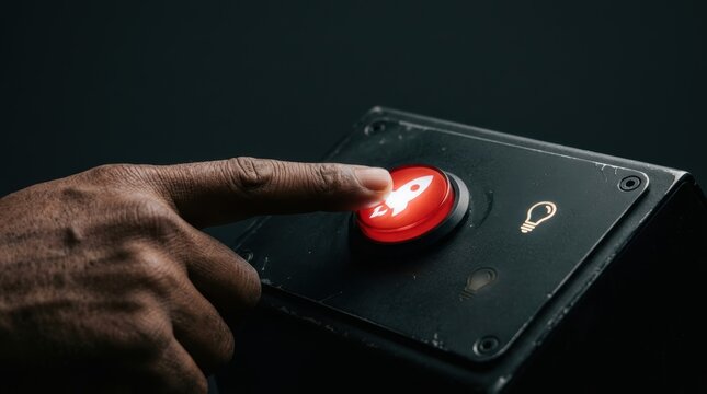Hand pressing glowing red rocket button on dark control panel