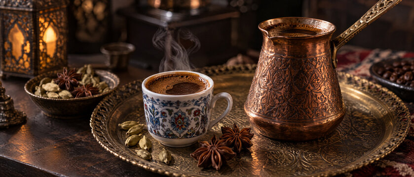 Steaming cup of authentic Lebanese coffee served beside an engraved copper pot on a brass tray with spices in warm ambient light for hospitality culture concept