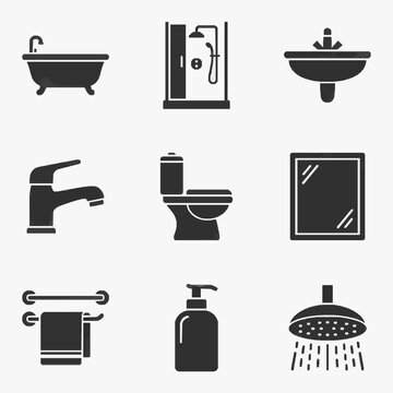 Bathroom fixtures icon set featuring sink shower bathtub toilet faucet soap dispenser towel rac