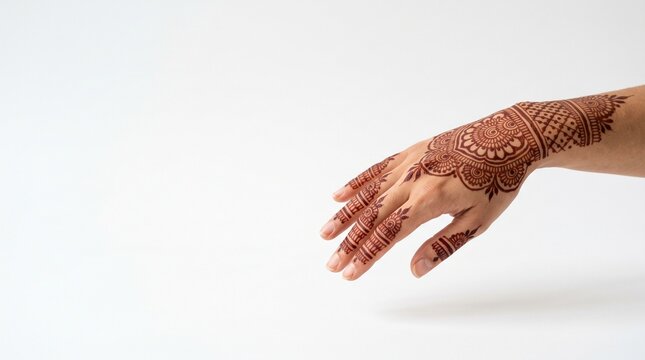 Traditional Indian Henna Mehendi Art Pattern on Female Hand Isolated on Clean White Surface with Copy Space