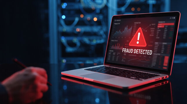 Modern laptop displays fraud detected warning notification on screen, symbolizing cybersecurity breach, financial risk, and online threat