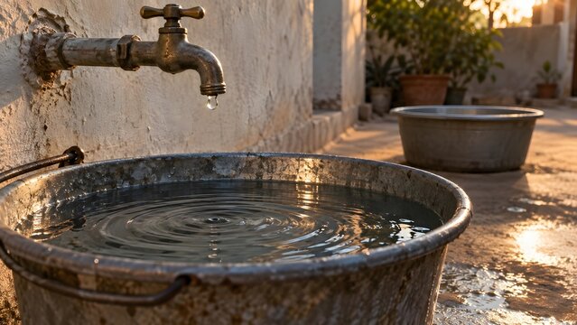 A metal wash basin fills with water from an old outdoor faucet set against a textured wall surface, creating ripples across the surface, situated in a sunlit courtyard area