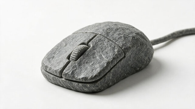 Slow technology and bureaucracy concept: computer mouse carved entirely from solid heavy grey granite stone, isolated on white background