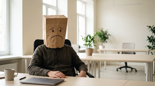 Anxious Businessperson with Paper Bag over Head with Sad Face Mask: Feeling Demotivated and Overwhelmed at Work Desk in Empty Modern Workplace