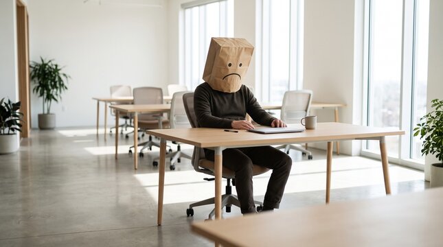 Conceptual Portrait of a Stressed Professional with Paper Bag on Head and Mournful Expression: Depicting Mental Health Issues and Burnout in Office Corporate Environment
