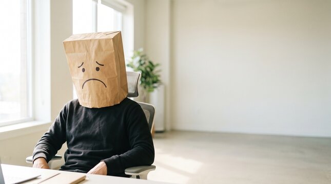Stressed Businessperson in Office with Paper Bag on Head and Sad Expression: Overwhelmed by Heavy Workload in Modern Corporate Workplace