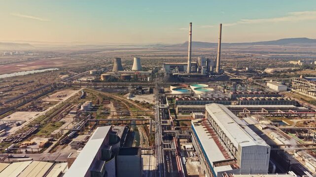 An industrial power plant complex with smokestacks, cooling towers, and rows of buildings fills the foreground, with a city and distant hills visible in daylight.