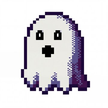Simple white ghost character with a rounded shape, expressive black eyes, and purple pixel shading. Retro pixel art illustration suitable for Halloween themed designs, gaming graphics, stickers, and s