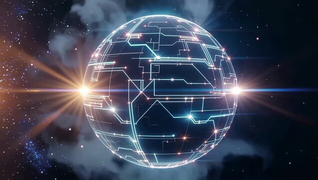 Abstract glowing blue globe with digital network line connections and starfield explosion with copy space for text