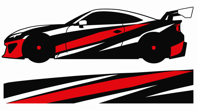 Dynamic red and black graphic illustration of a sleek sport car with bold decals.