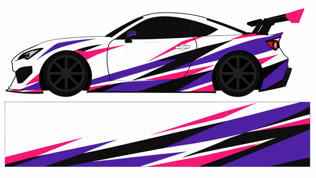 Stylized racing car with bold purple, pink, and blue stripes vector illustration.
