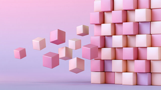 Abstract pink cube wall floating cubes 3d render geometric background pastel gradient minimal design wall of cubes isolated background soft light modern abstract art