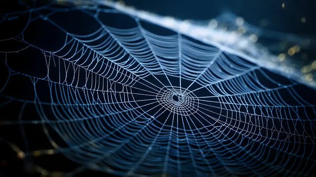 A close up view of a symmetrical spider web with water droplets in a dark environment.