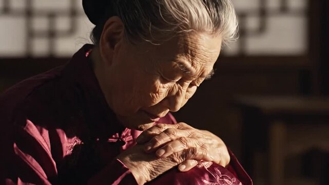 Senior woman clasps hands in silent prayer. Golden light touches silver hair, lined skin, and embroidered maroon fabric while she leans forward in peaceful concentration indoors, shown in profile.