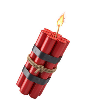 High-resolution 3D illustration of a bundle of red dynamite sticks tied with rope and a lit fuse