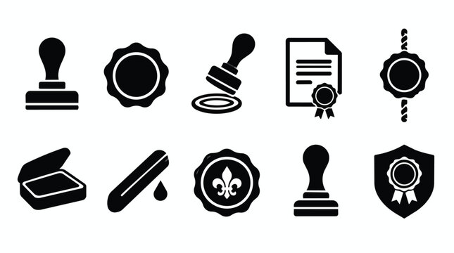 Notary public and legal document black silhouette icon set.