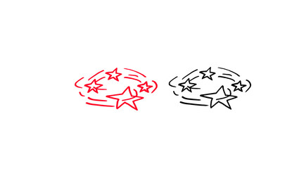 Two hand drawn red and gray shooting star swirls, outline of stars spinning in a magical whirl, isolated on white, a sparkling astronomy design element for stickers, prints, posters and web graphics © Ahmad