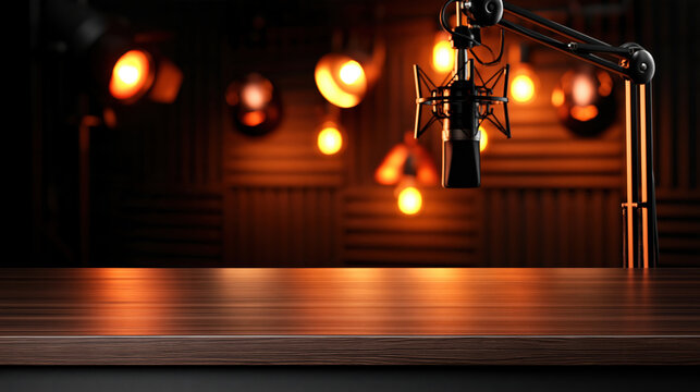 Radio studio microphone broadcast studio sound booth recording studio podcast studio audio equipment microphone stand studio table warm light dark background empty room professional setup media