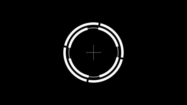 Simple crosshair HUD circle head up display overlay white dash rotating ring, alpha channel transparent background seamless loop 4K radar tracking interface