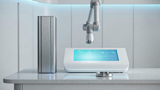 Modern skincare treatment device with digital touchscreen and metallic applicator in a clean beauty clinic