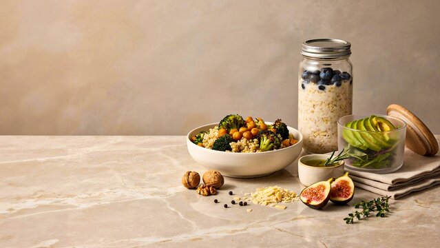Healthy breakfast with oatmeal, fresh fruit, nuts, seeds, and a glass jar of granola on a beige stone surface