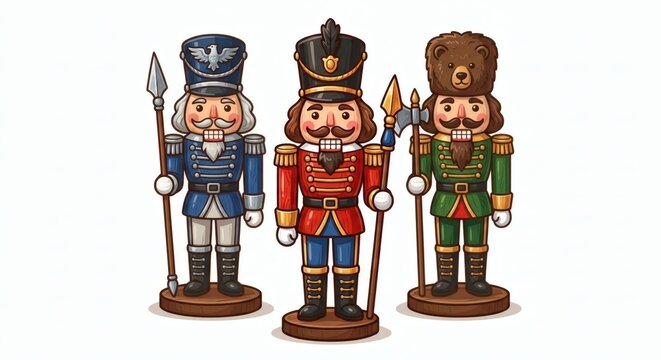 Set of three classic vintage wooden soldier nutcrackers in traditional uniforms with spears isolated on white background